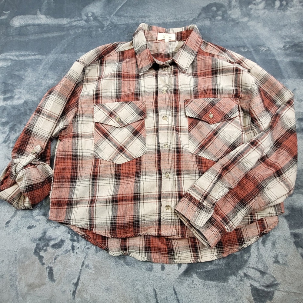 Love Notes Rust Orange Plaid‎ Roll Tab Sleeve Button Down Flannel Shirt Large
